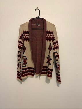Windsor Open-Front Aztec Knit Cardigan - Beige and Burgundy